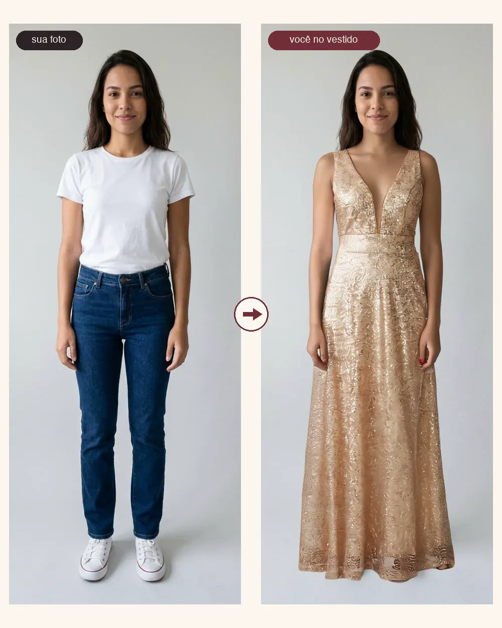 Comparação lado a lado entre a foto de corpo inteiro enviada e o resultado com a mesma pessoa usando um vestido longo